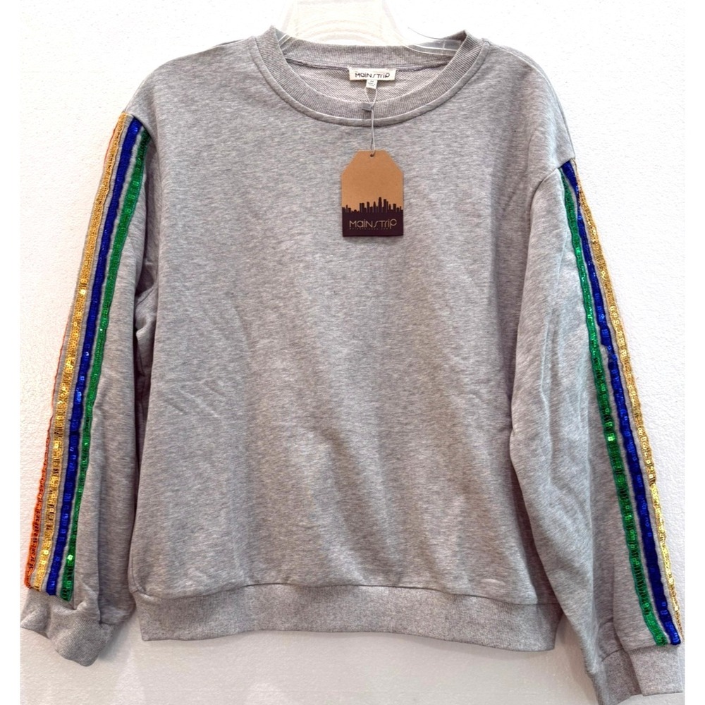NWT Main Strip Sz Small Grey Fleece Multicolor Sequin Stripes Mardi Gras Pride